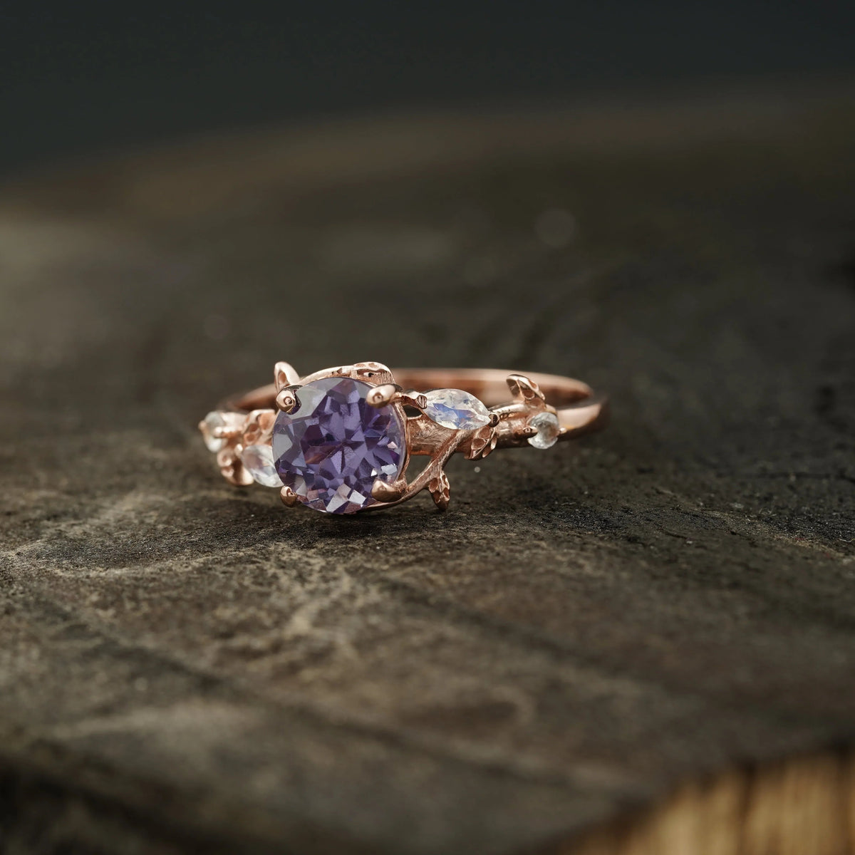 Round Alexandrite & Moonstone Inspired Leaf Design Engagement Ring