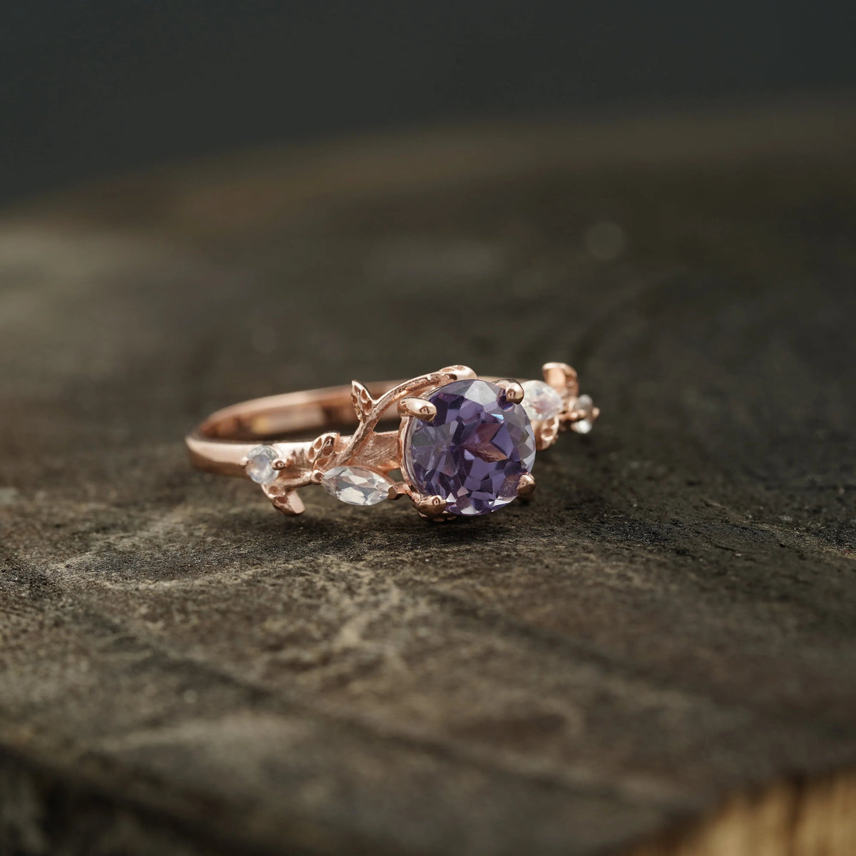 Round Alexandrite & Moonstone Inspired Leaf Design Engagement Ring