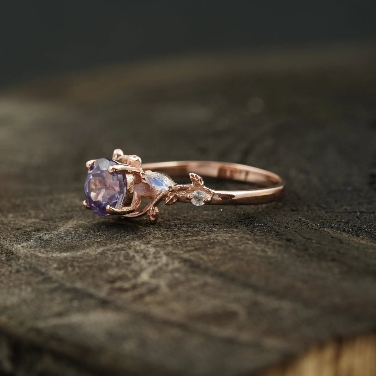 Round Alexandrite & Moonstone Inspired Leaf Design Engagement Ring