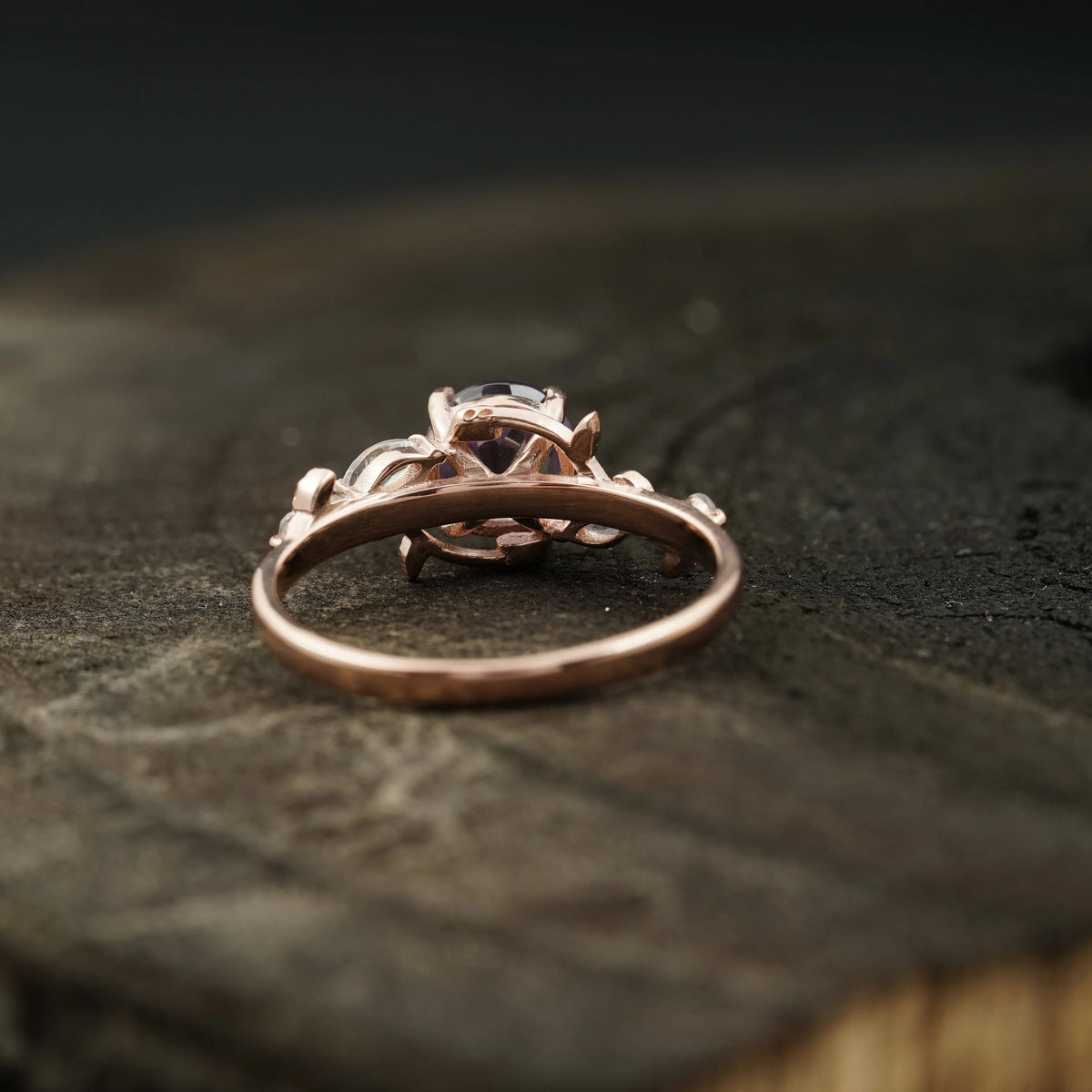 Round Alexandrite & Moonstone Inspired Leaf Design Engagement Ring