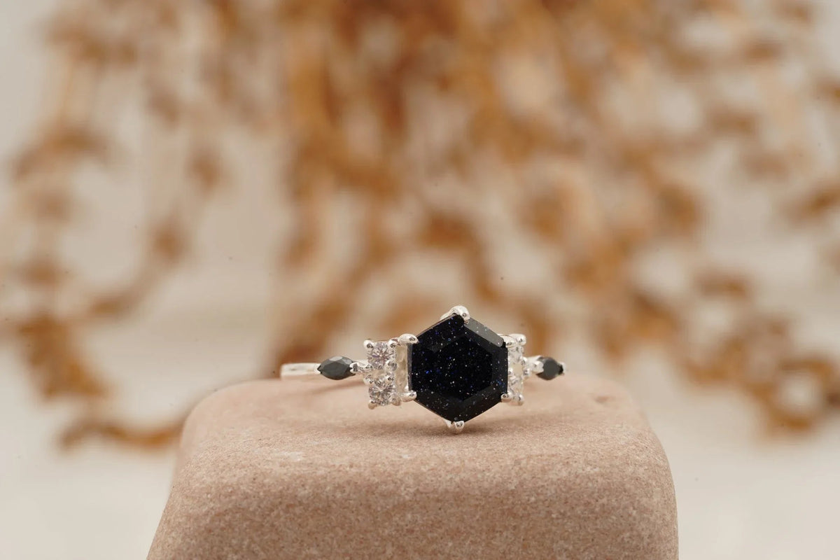 Hexagon Galaxy Blue Sandstone Engagement Ring