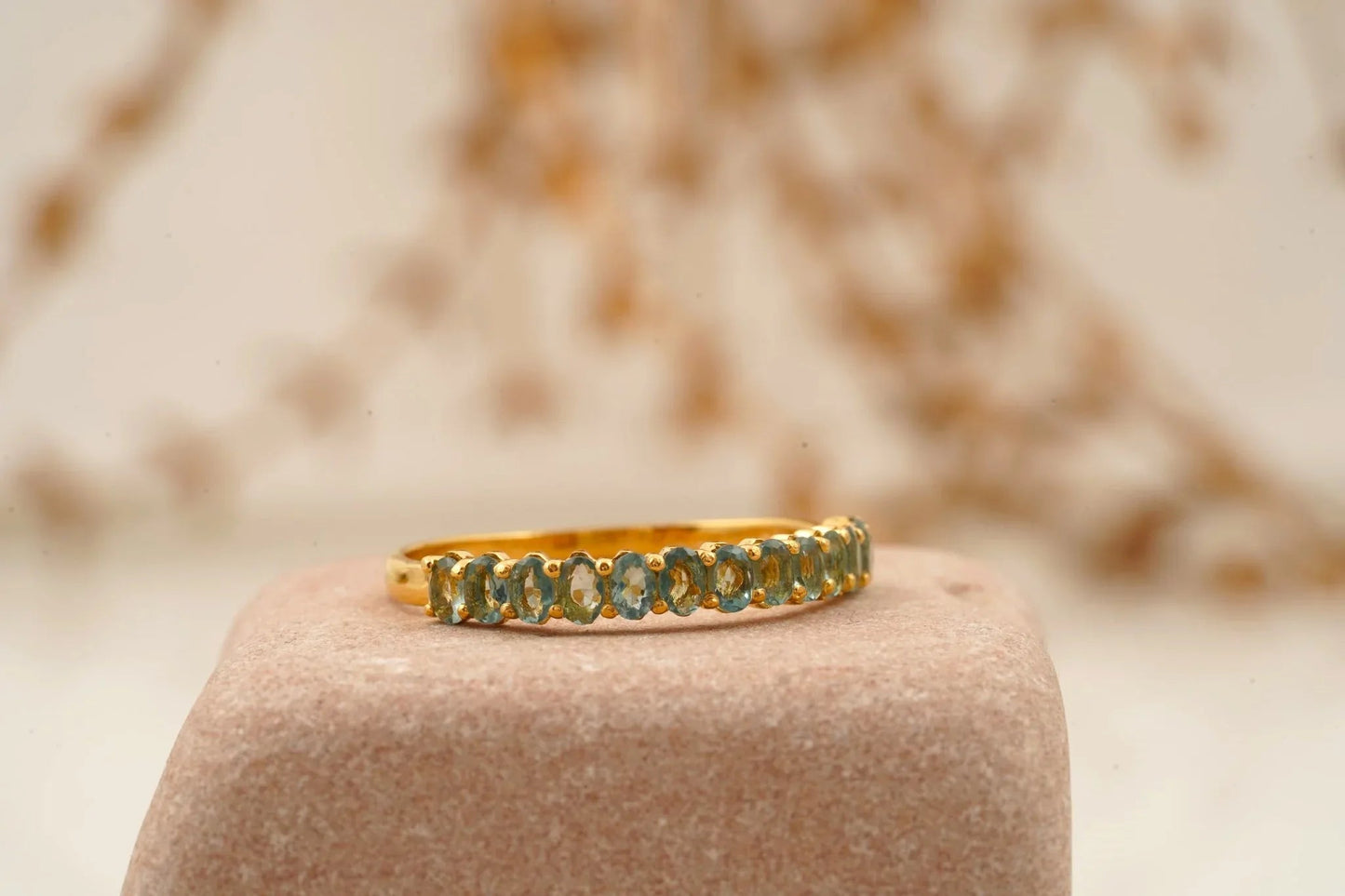 Oval Cut Aquamarine Stacking Wedding Band Solid Gold