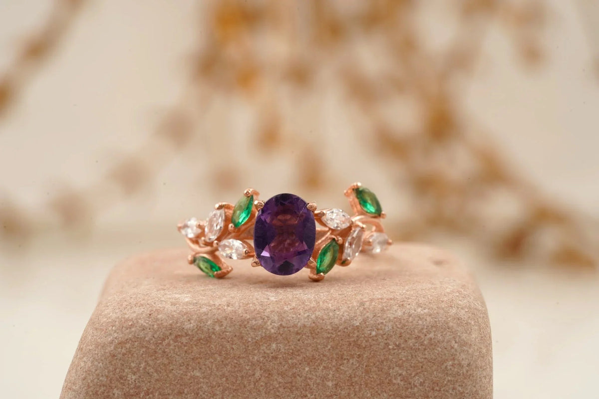 Oval Amethyst & Emerald CZ Cluster Engagement Ring