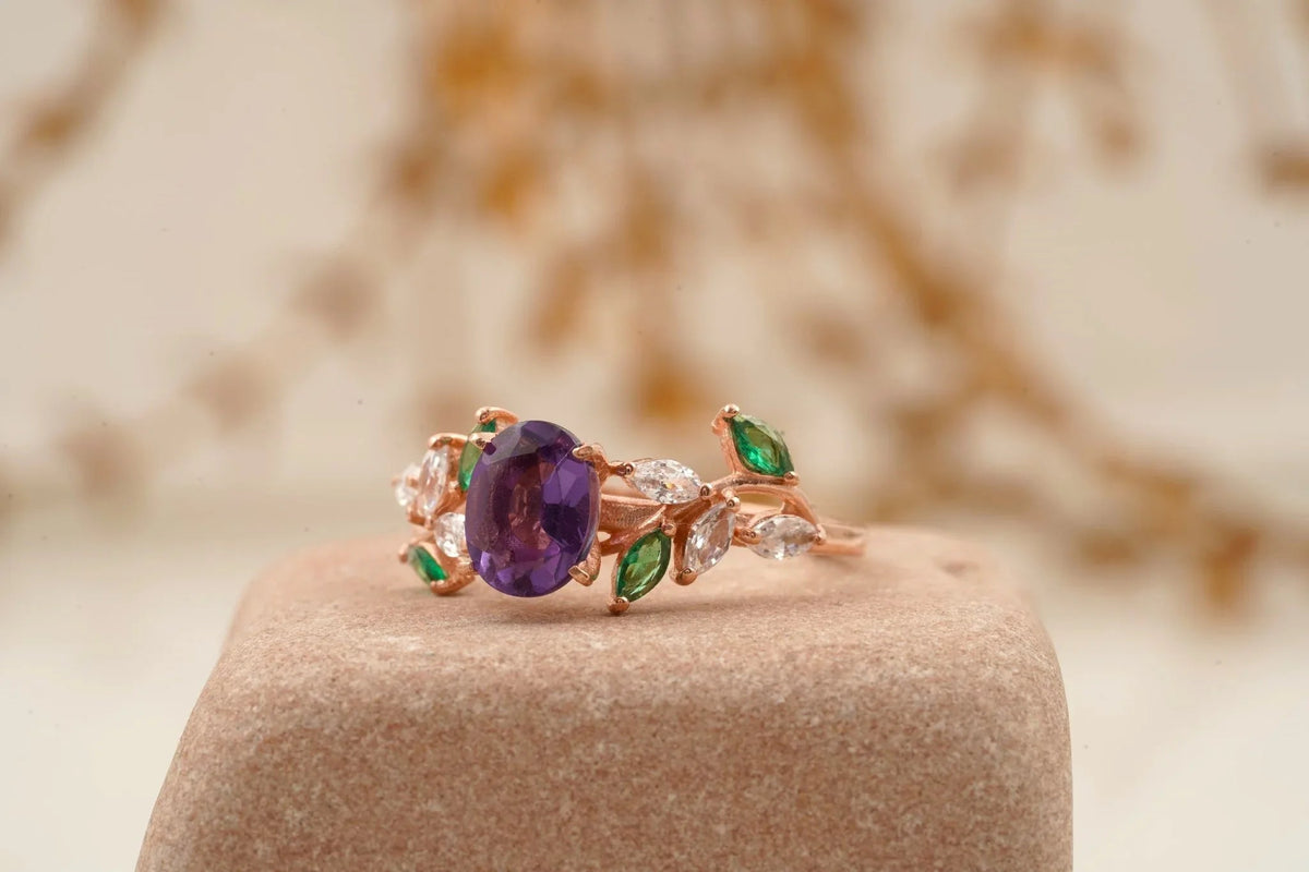 Oval Amethyst & Emerald CZ Cluster Engagement Ring