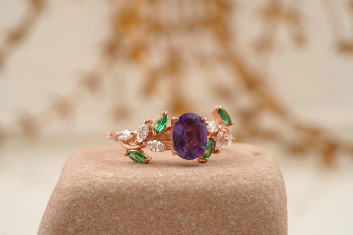Oval Amethyst & Emerald CZ Cluster Engagement Ring