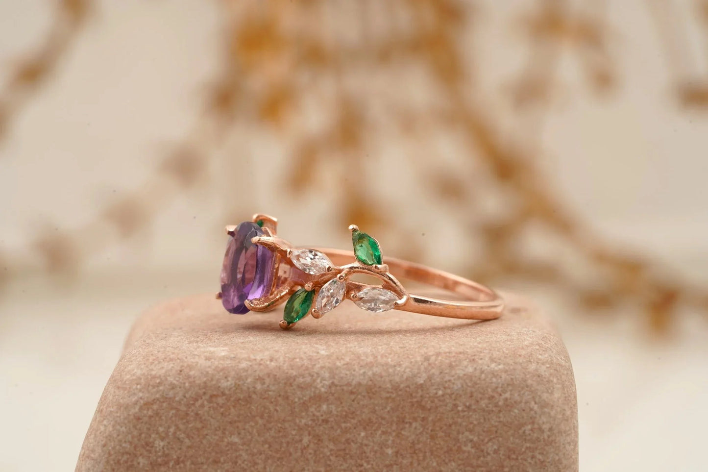 Oval Amethyst & Emerald CZ Cluster Engagement Ring