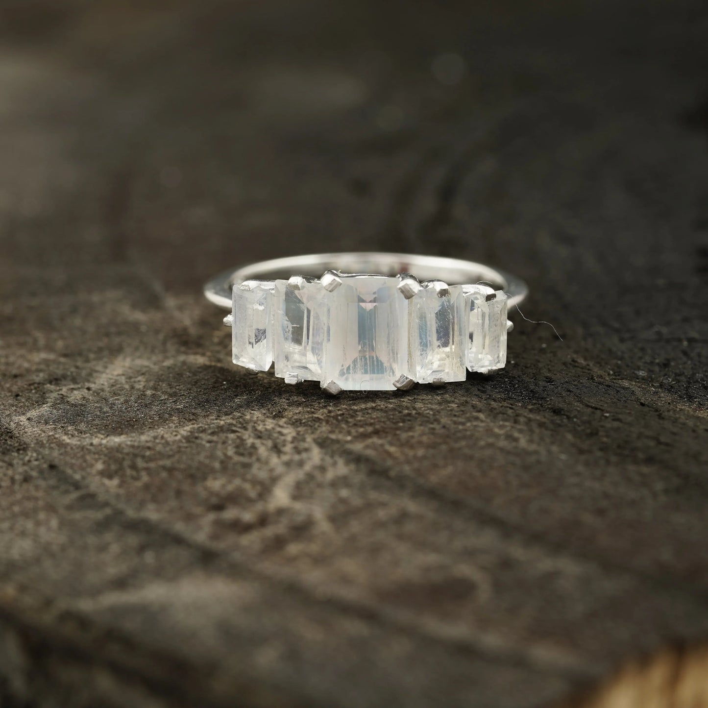 Emerald Cut Moonstone Engagement Ring 925 Sterling Silver