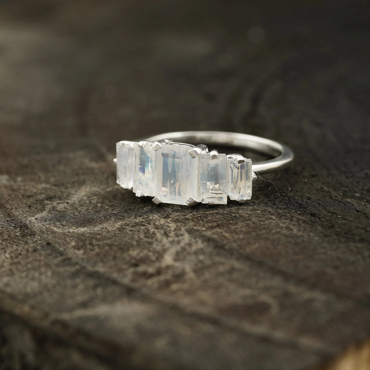 Emerald Cut Moonstone Engagement Ring 925 Sterling Silver
