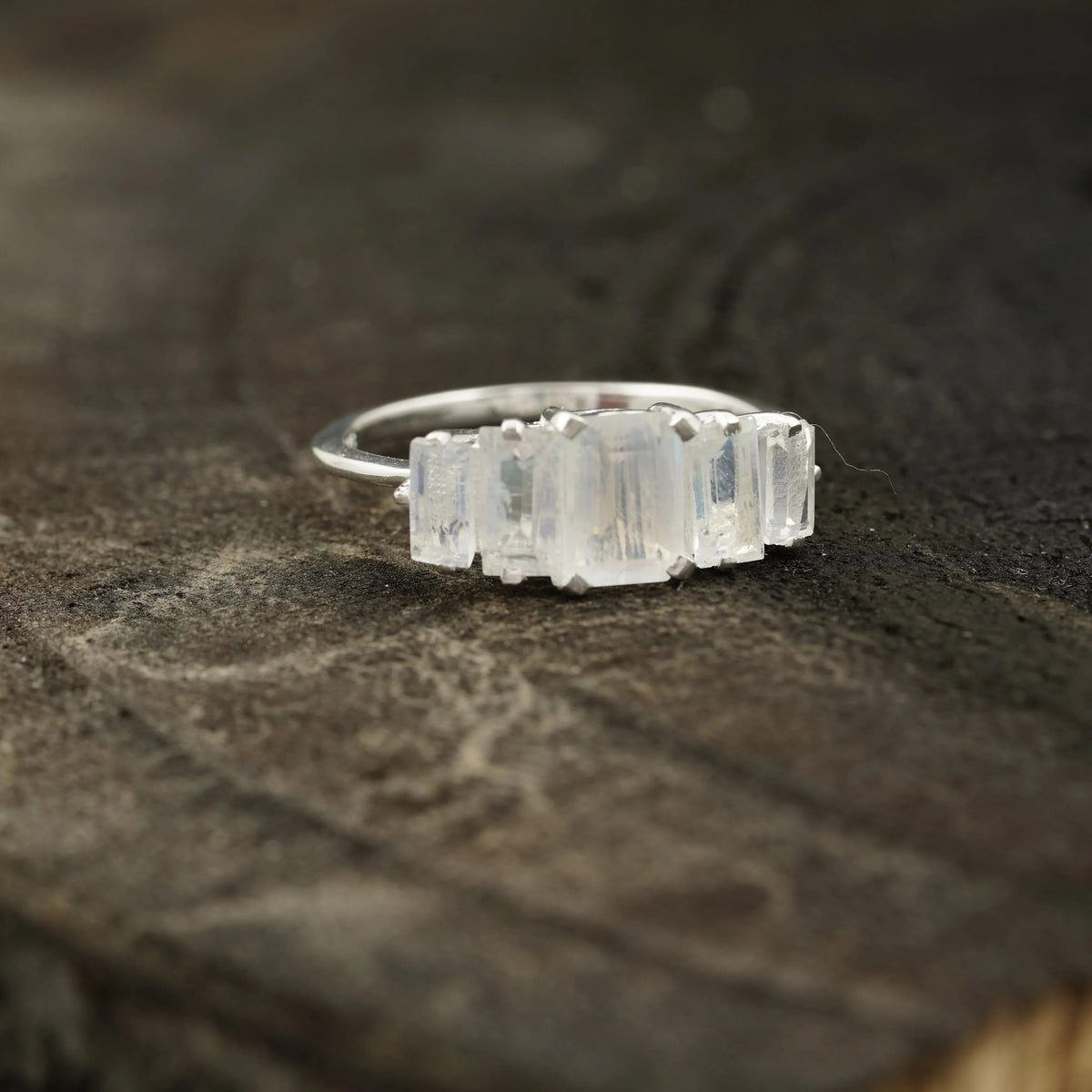 Emerald Cut Moonstone Engagement Ring 925 Sterling Silver