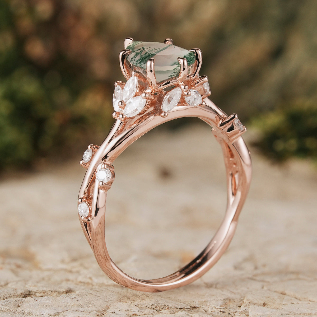 Nature Inspired Pear Cut Moss Agate Vine Silver Gemstone Ring Set 2pcs