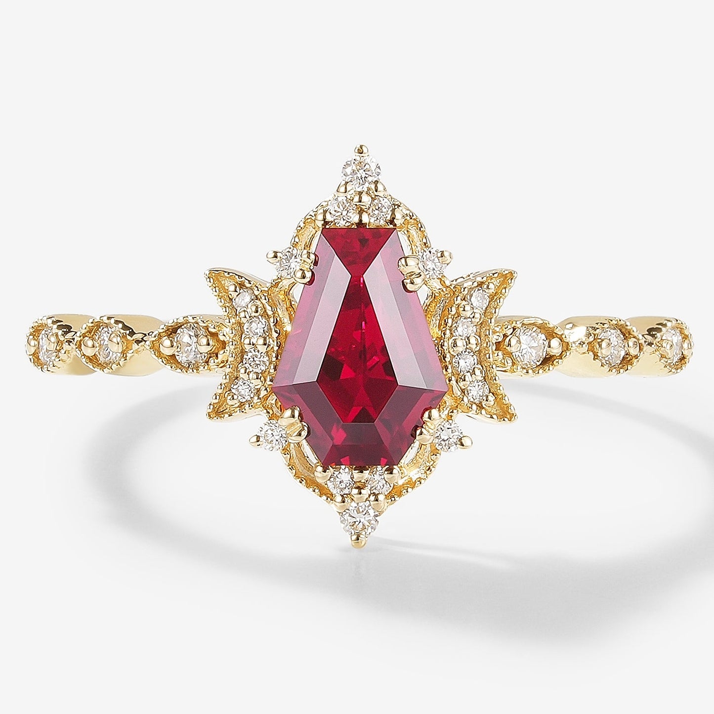 Coffin Cut Lab Grown Ruby Moon Inspired Engagement Ring