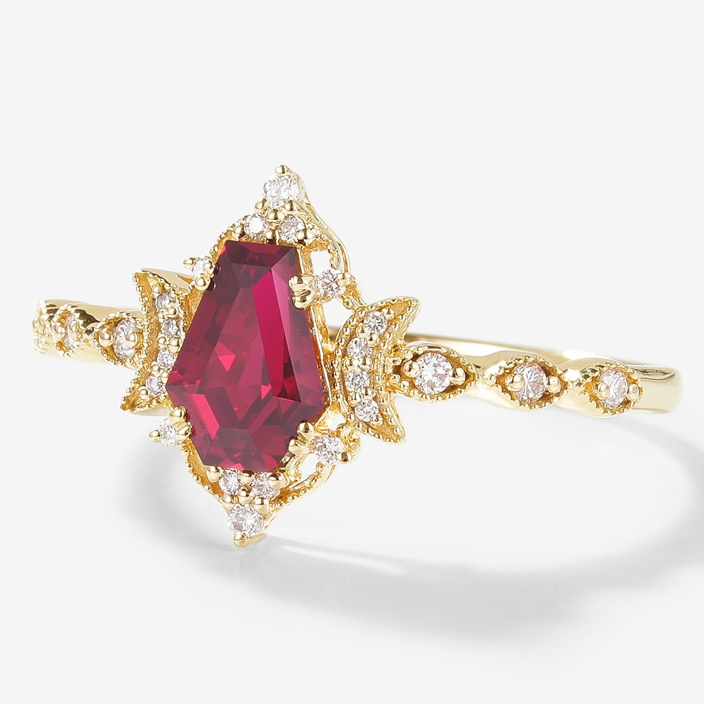 Coffin Cut Lab Grown Ruby Moon Inspired Engagement Ring