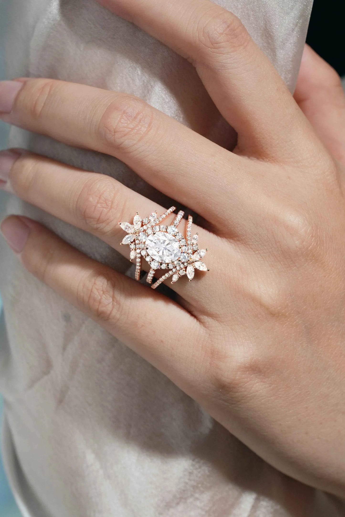 Classic Oval Moissanite Halo Engagement Ring & Vintage Enhancer Double Wedding Band 2Pcs Set