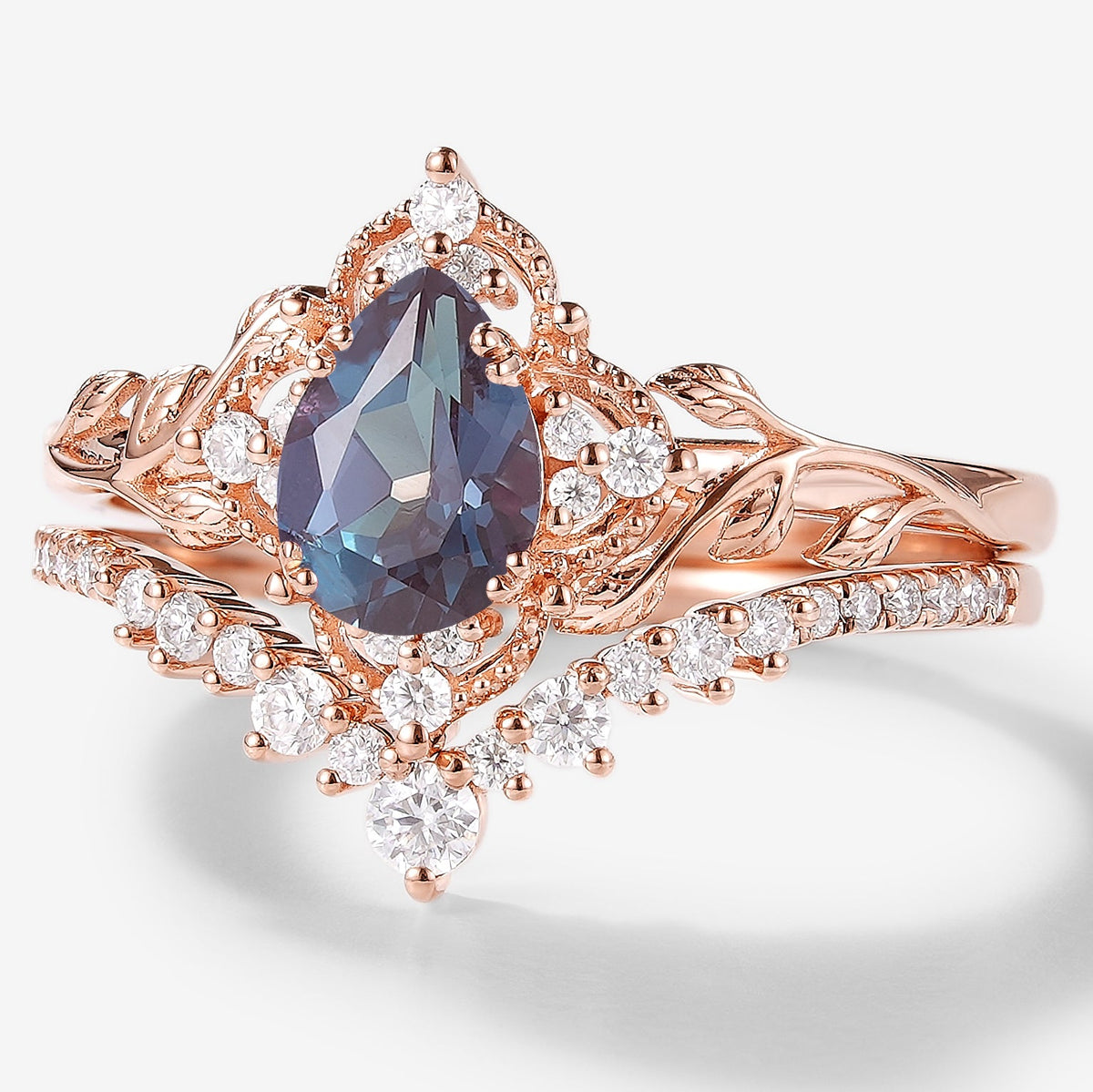 Pear Cut Alexandrite Leaf Bridal Sets 2pcs