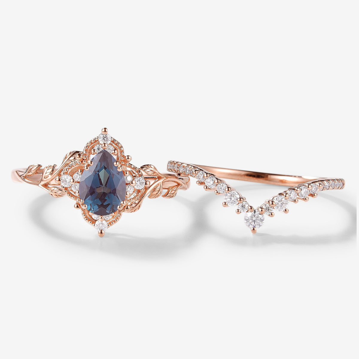 Pear Cut Alexandrite Leaf Bridal Sets 2pcs