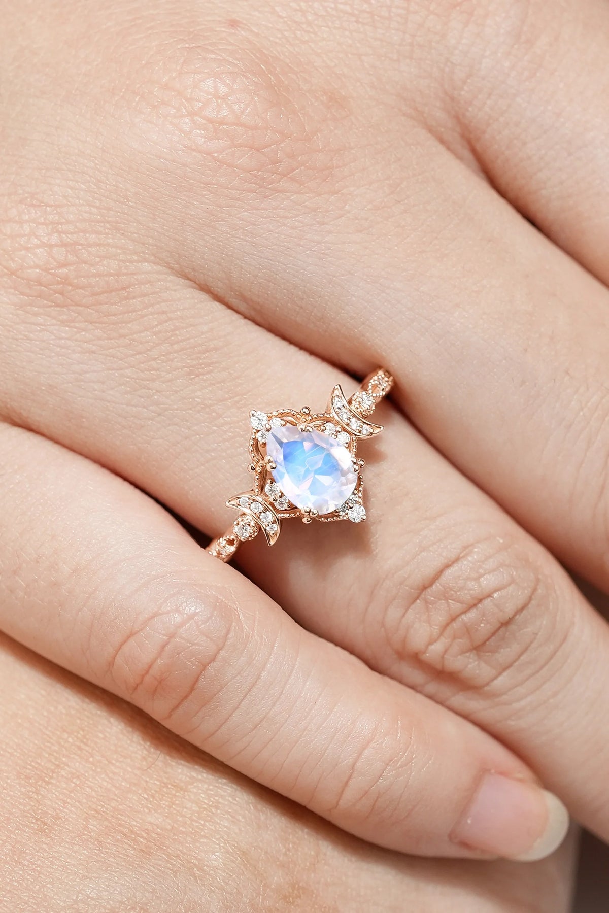 Unique Design Moon Inspired Pear Cut Moonstone Engagement Ring