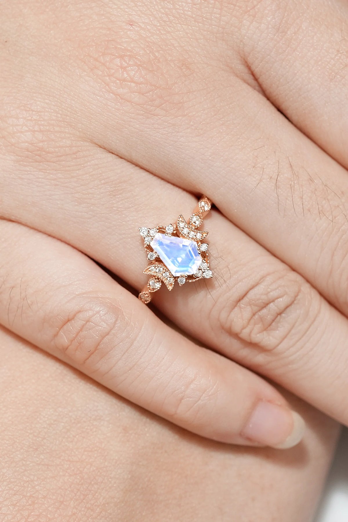 Coffin Cut Moonstone Engagement Ring Unique Moon Design Promise Wedding Ring