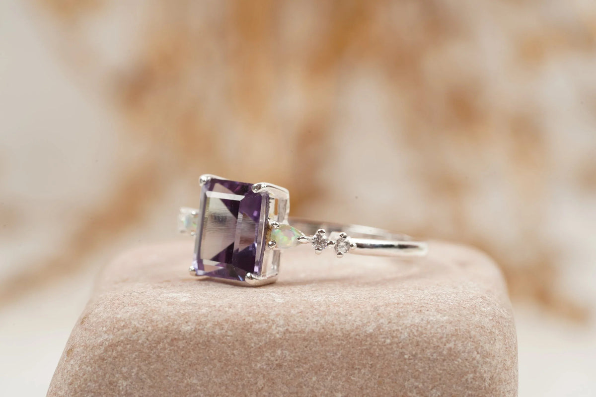 Emerald Cut Alexandrite And Fire Opal Engagement Ring