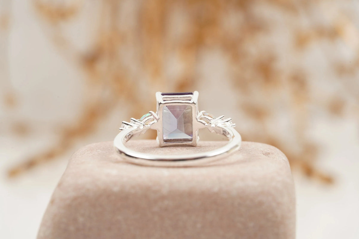 Emerald Cut Alexandrite And Fire Opal Engagement Ring