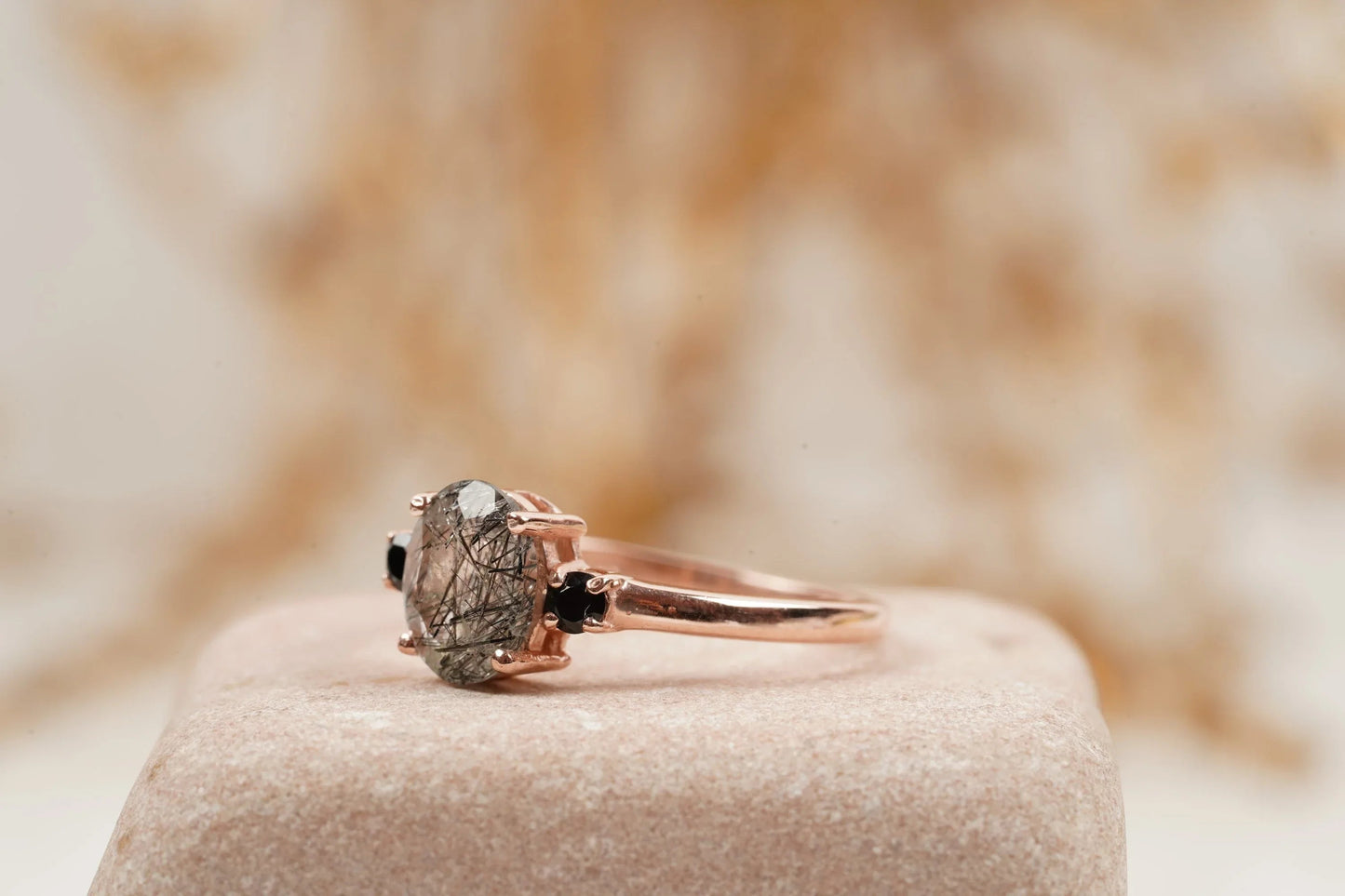 Oval Cut Black Rutile Quartz Engagement Ring 14K Rose Gold