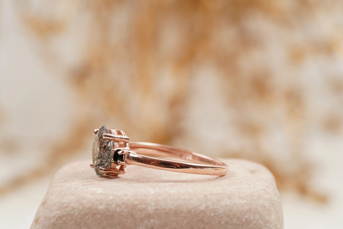 Oval Cut Black Rutile Quartz Engagement Ring 14K Rose Gold