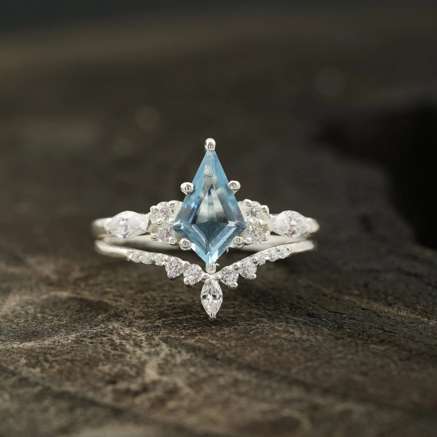 Kite Aquamarine White Gold Engagement Ring Set