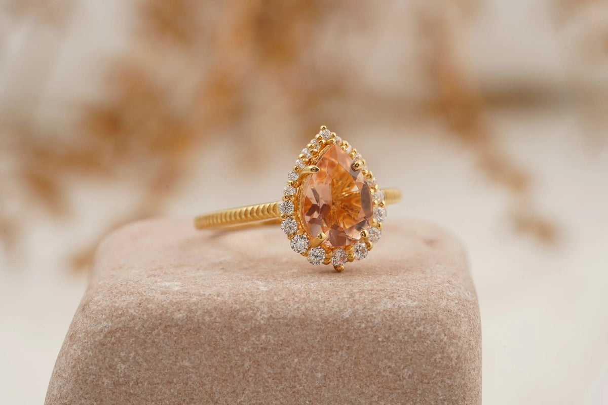 Pear Cut Morganite Halo Diamond Engagement Ring