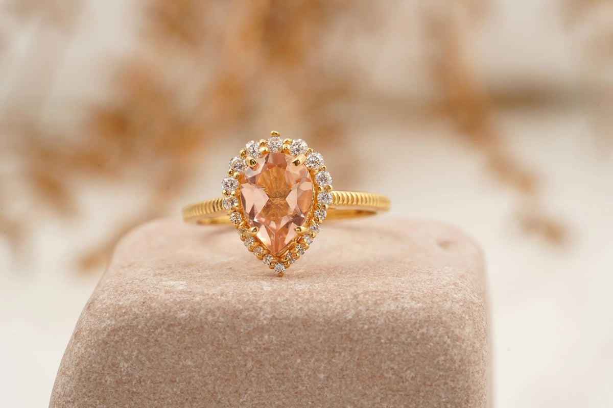 Pear Cut Morganite Halo Diamond Engagement Ring