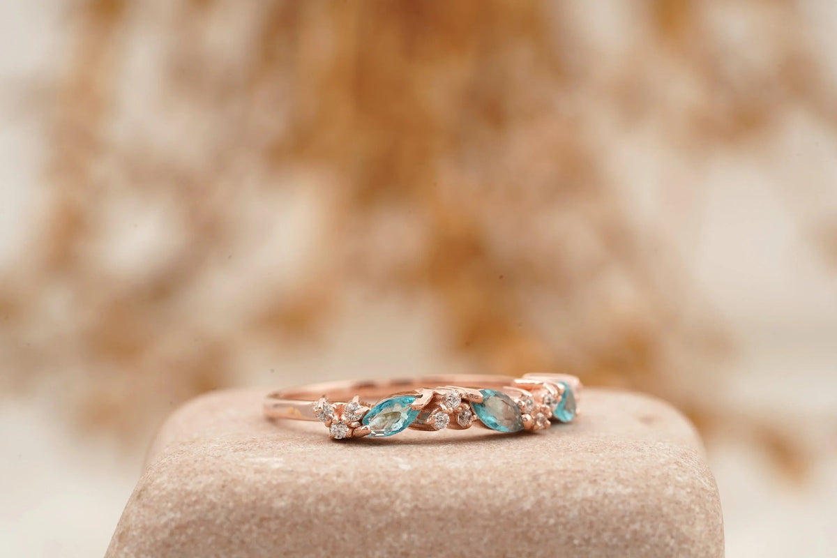 Marquise Aquamarine Wedding Band Solid Gold March Birthstone