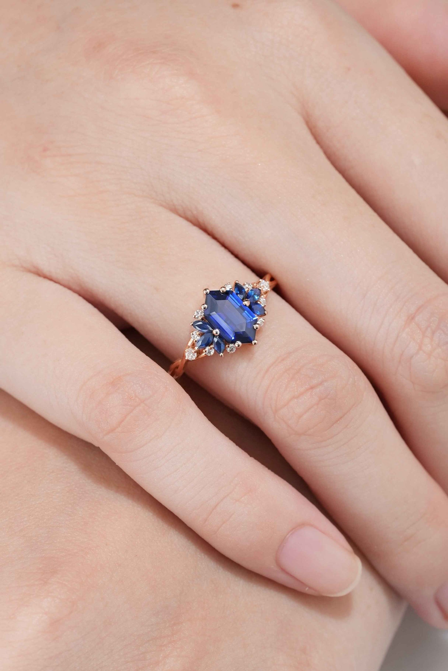 Vintage Hexagon Cut Lab Emerald Engagement Ring With Marquise Emerald Accent Stone For Dylan