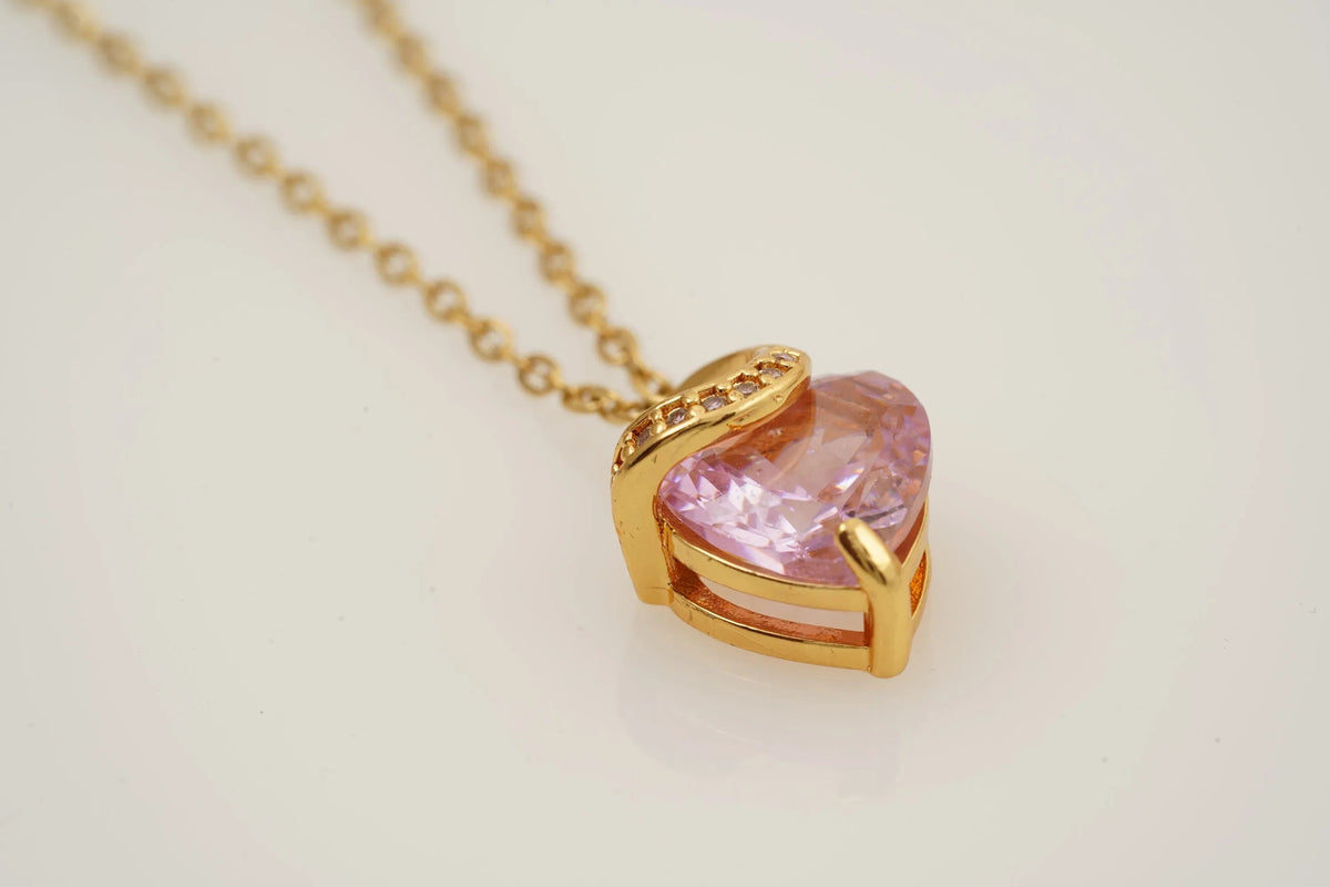 Pink Sapphire Heart Shaped Dainty Necklace With Gold Chain