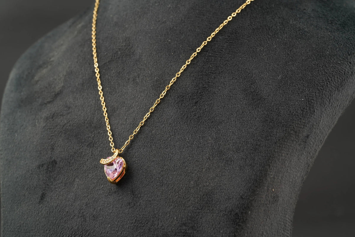 Pink Sapphire Heart Shaped Dainty Necklace With Gold Chain