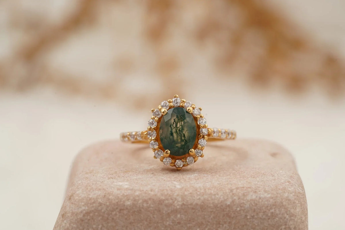 Oval Moss Agate Halo Diamond Engagement Ring 14K Yellow Gold
