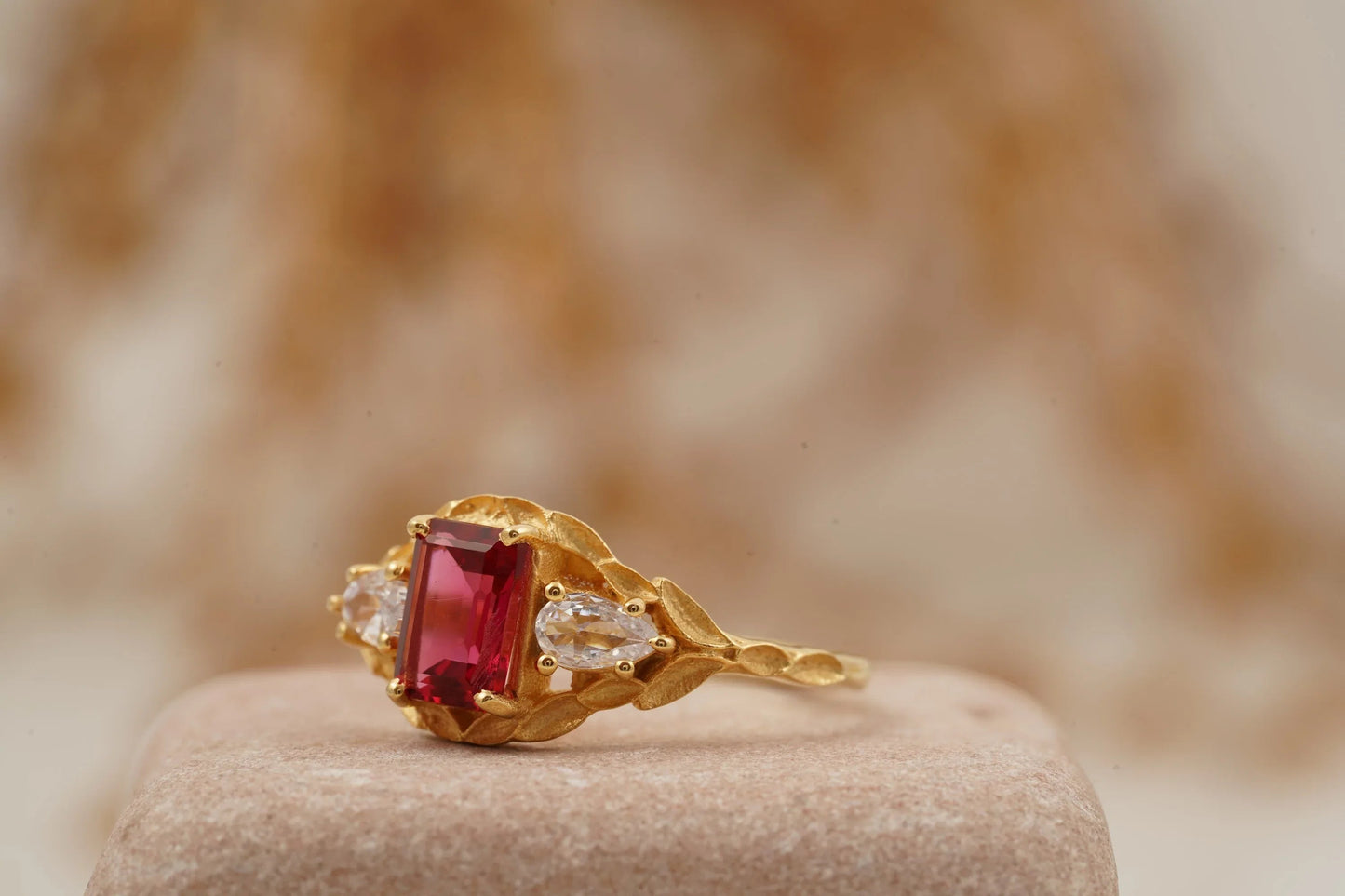 Emerald Cut Ruby Nature Inspired Leaf Gold Stacking Ring