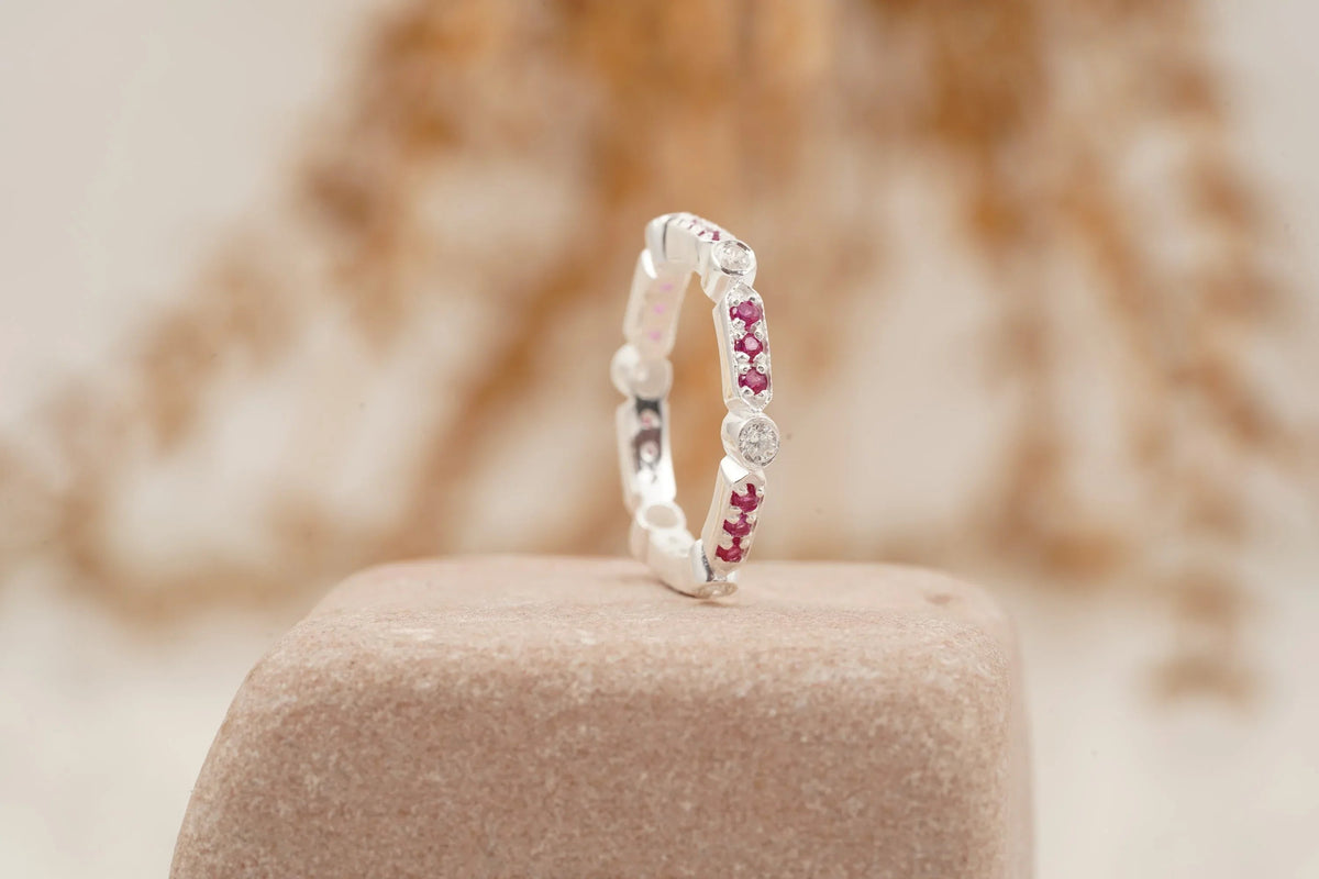 Ruby And Diamond Wedding Band 925 Sterling Silver
