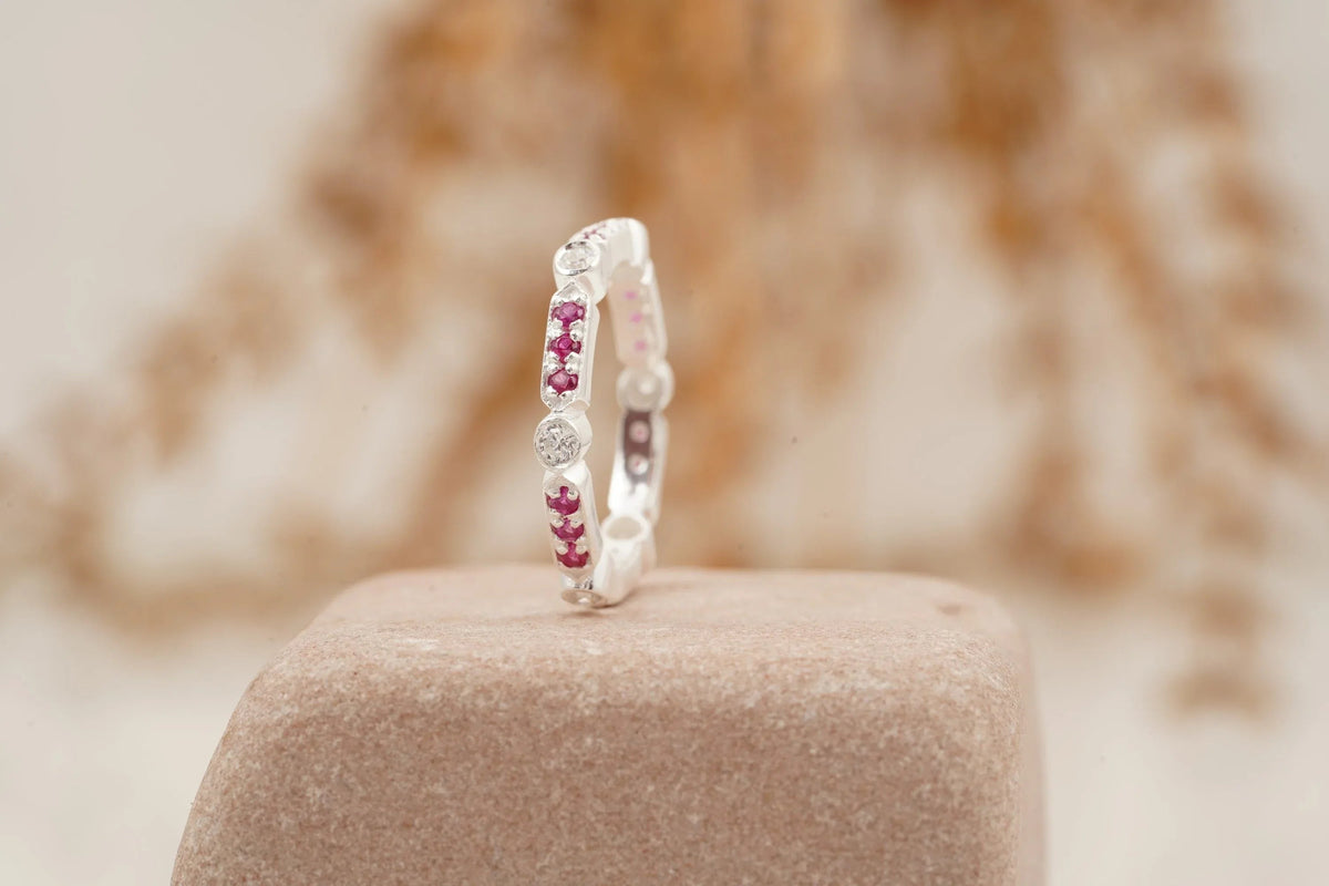 Ruby And Diamond Wedding Band 925 Sterling Silver