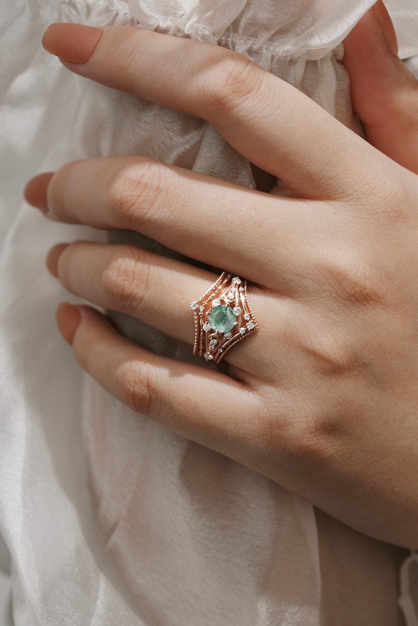 Moss Agate Engagement Ring With 2 Wedding Bands 3pcs Ring Set