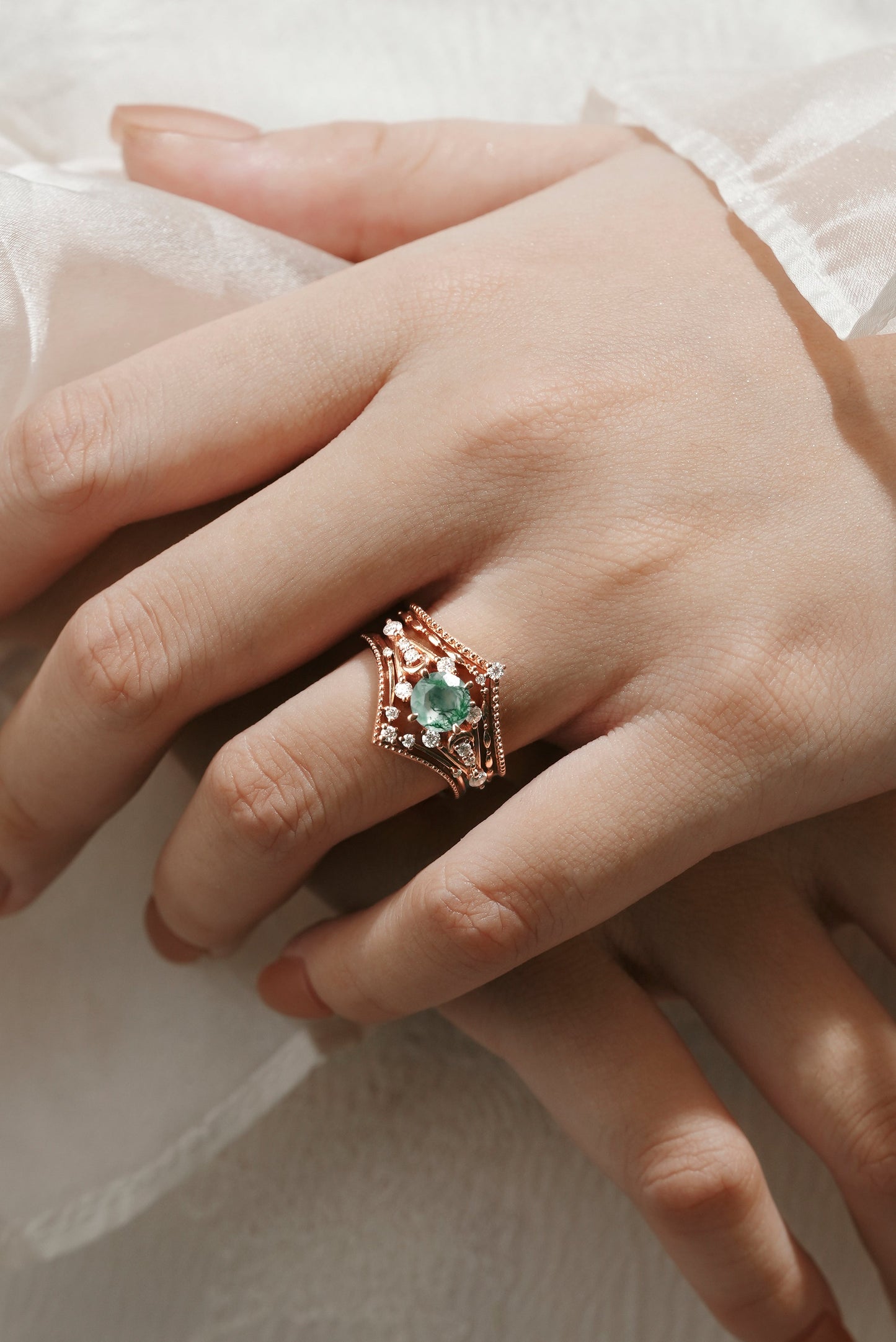 Moss Agate Engagement Ring With 2 Wedding Bands 3pcs Ring Set
