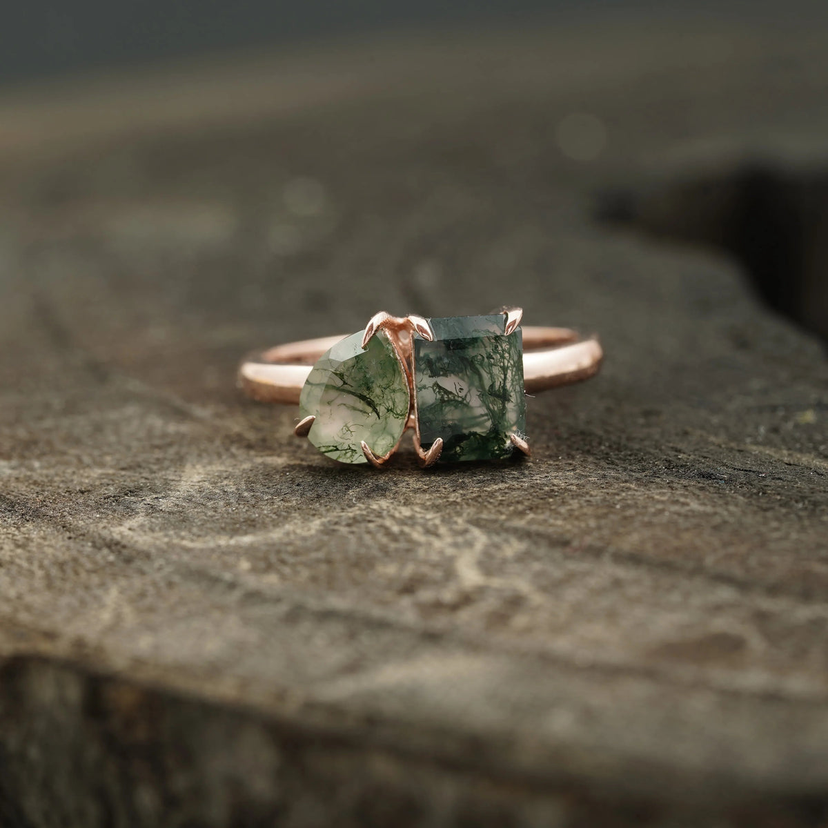Toi Et Moi Moss Agate Emerald & Pear Cut Ring