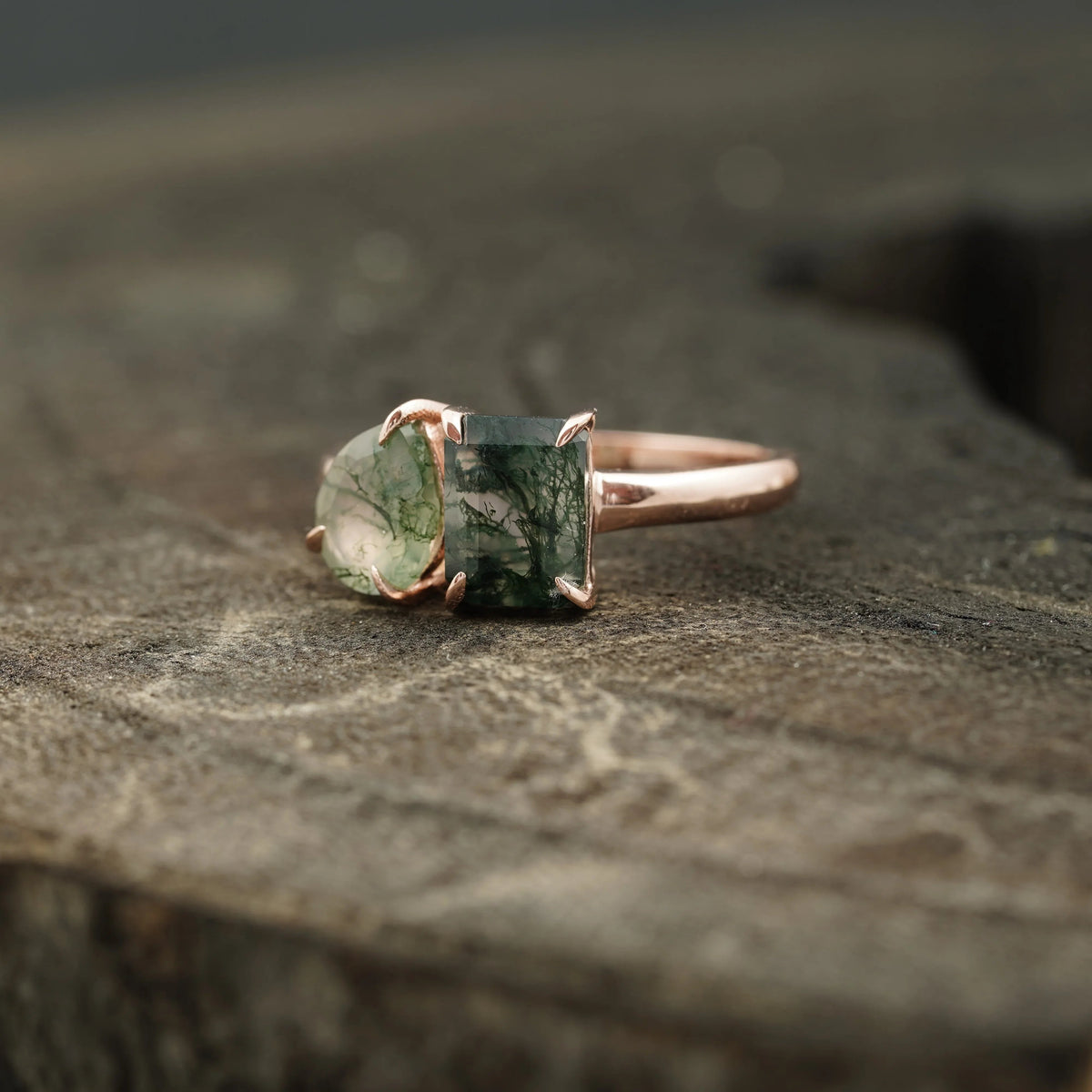Toi Et Moi Moss Agate Emerald & Pear Cut Ring