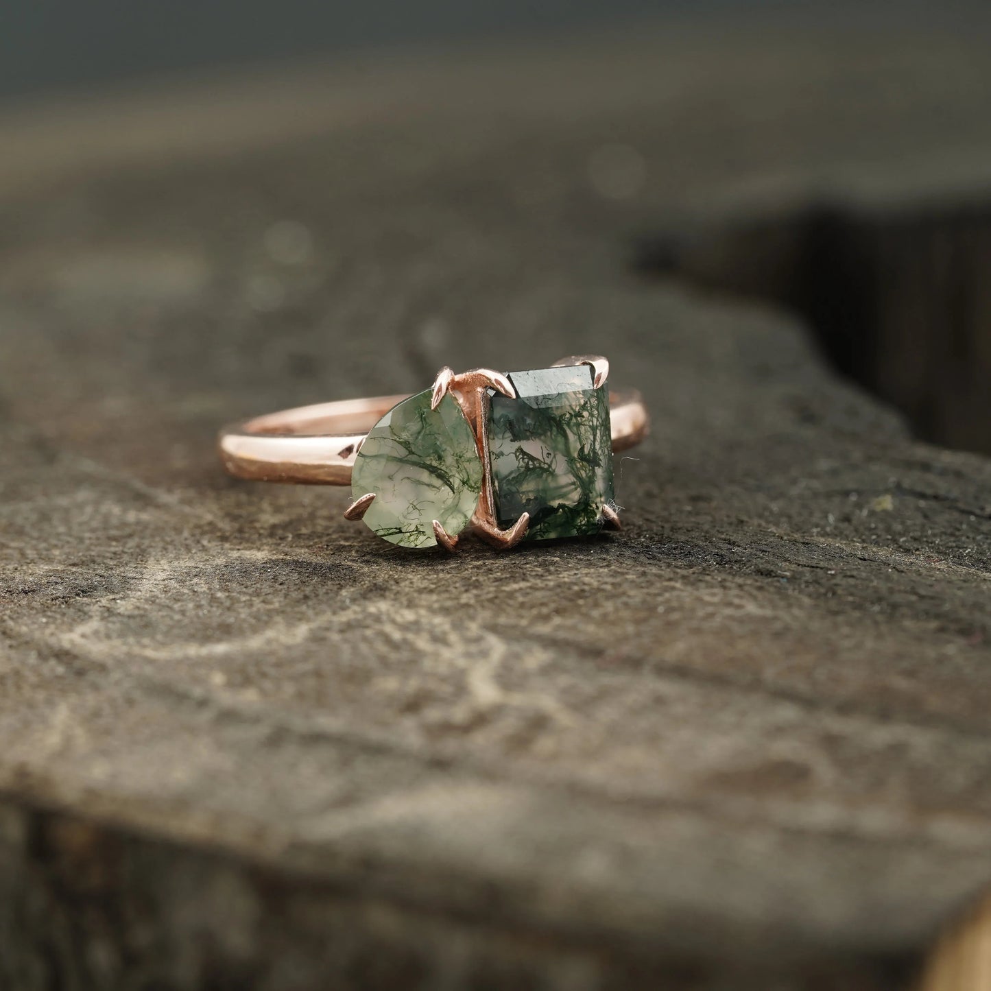 Toi Et Moi Moss Agate Emerald & Pear Cut Ring