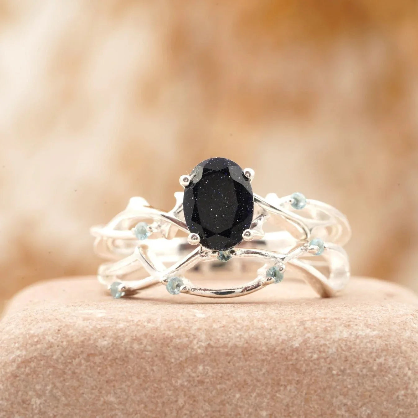 Oval Blue Sandstone Engagement Ring Women