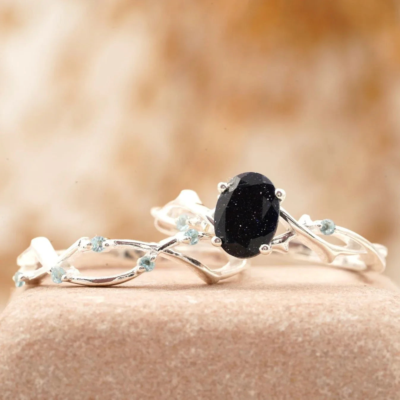 Oval Blue Sandstone Engagement Ring Women