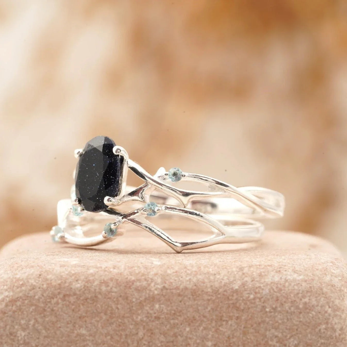 Oval Blue Sandstone Engagement Ring Women