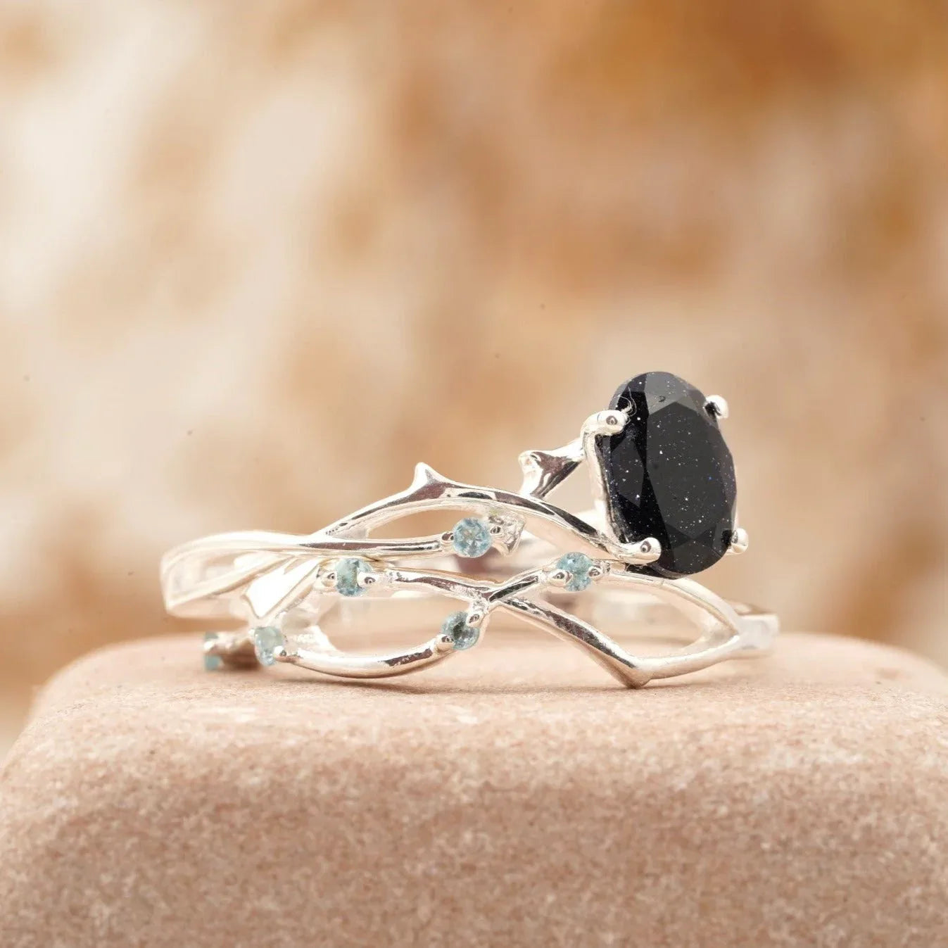 Oval Blue Sandstone Engagement Ring Women