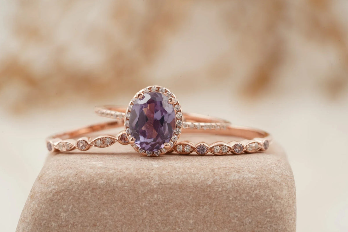 Oval Cut Alexandrite Engagement Ring 3pcs Set Halo Diamond Band