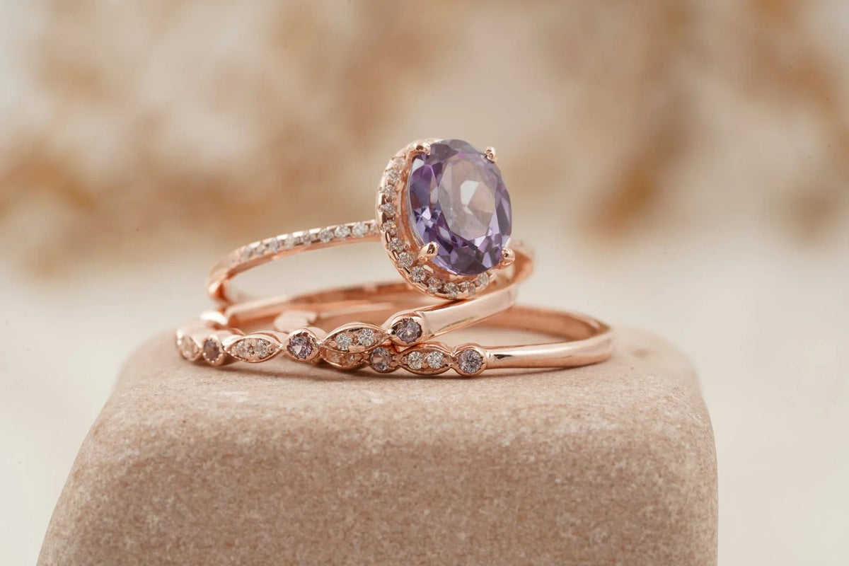Oval Cut Alexandrite Engagement Ring 3pcs Set Halo Diamond Band