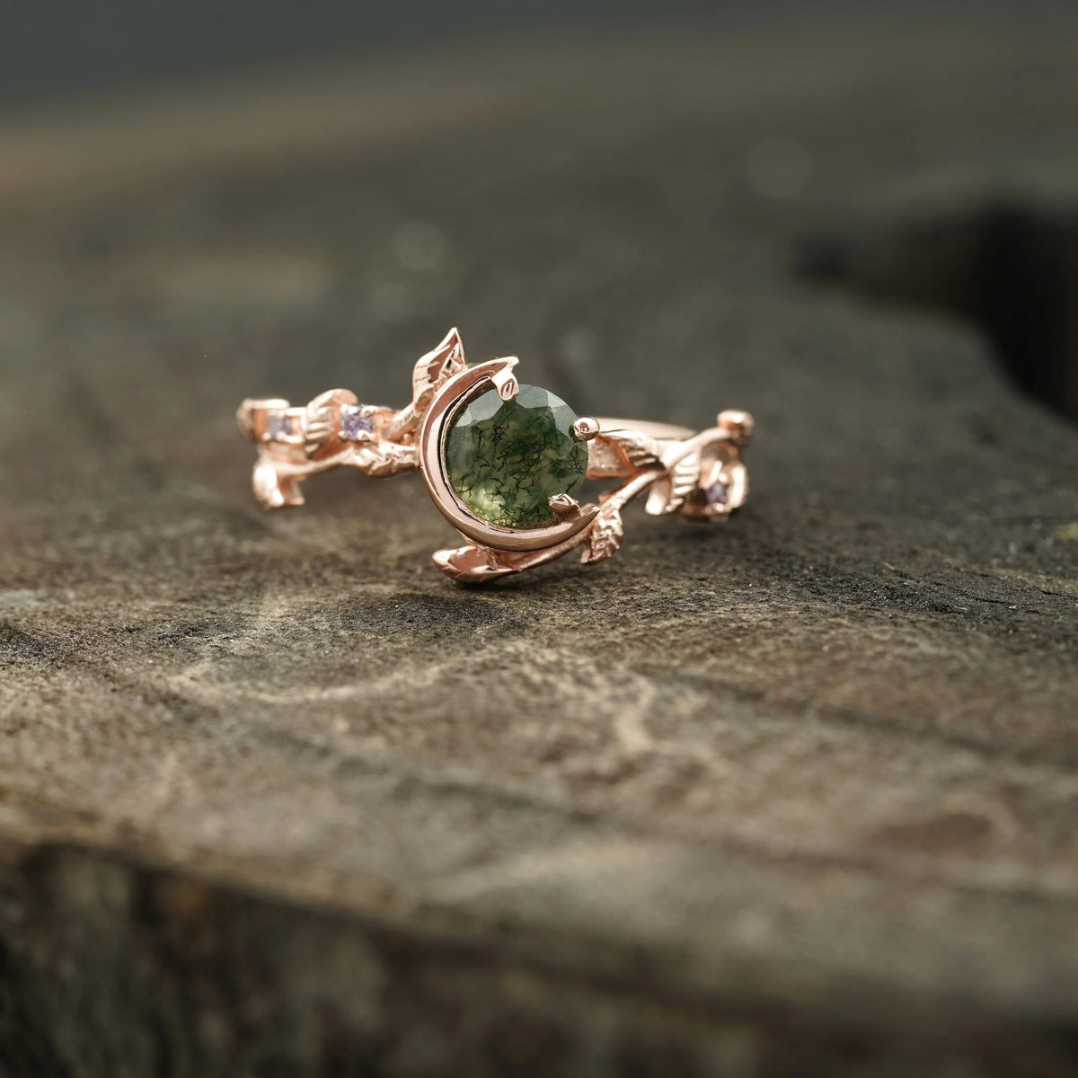 Round Natural Moss Agate Leaf Design Engagement Ring