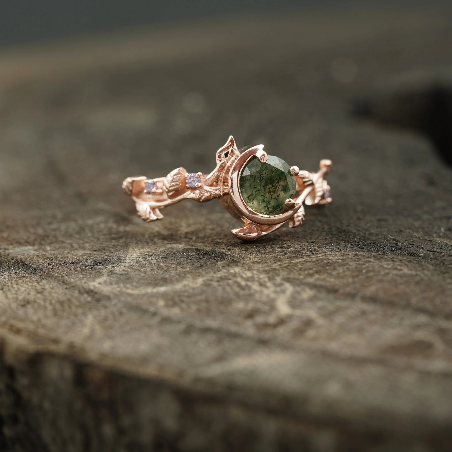 Round Natural Moss Agate Leaf Design Engagement Ring