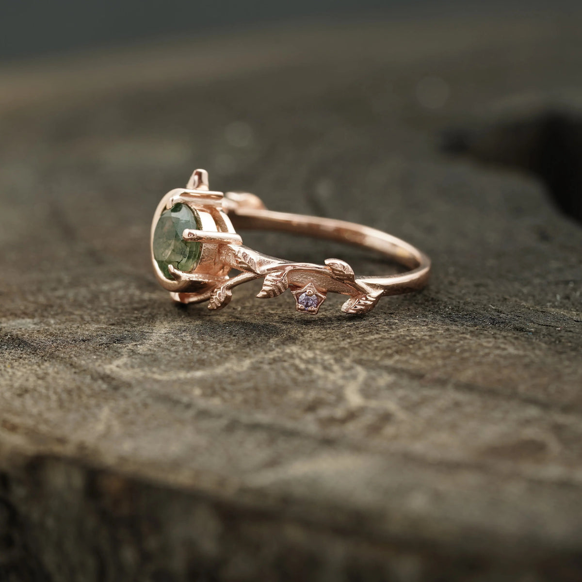 Round Natural Moss Agate Leaf Design Engagement Ring